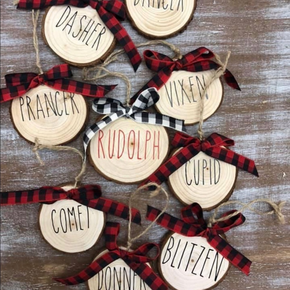wooden ornaments with skinny print
